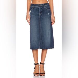 MOTHER The Easy A Skirt Alley Cat Wash Distressed Raw Hem Button Fly Denim Skirt